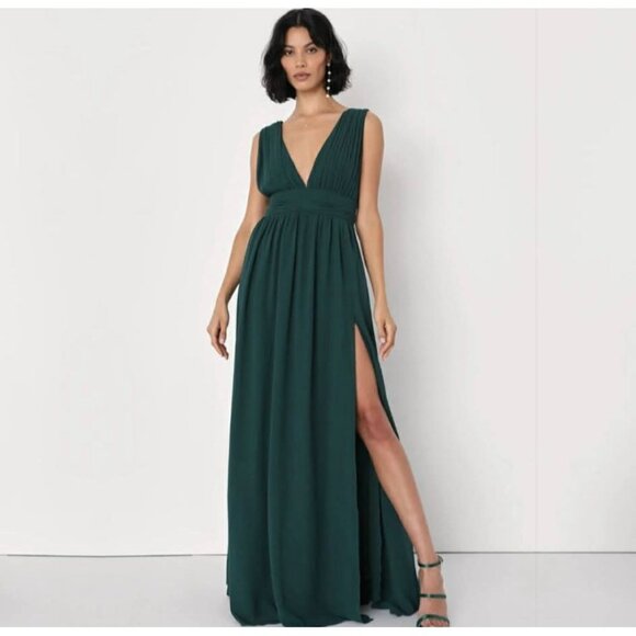 Lulus Emerald Green Maxi Dress With Plunging Neckline & Side Slit Size Large - Picture 8 of 12